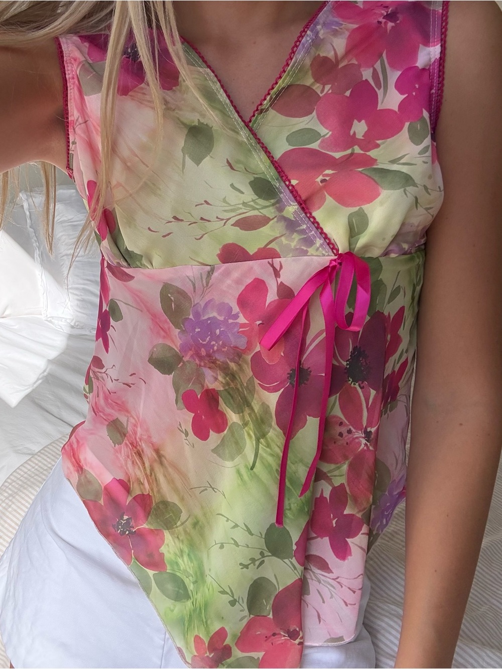 vintage Floral Pink & Green Sleeveless Wrap-Front Top sheer